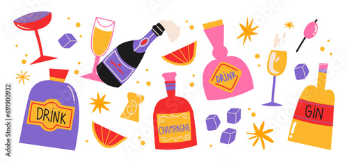 Cartoon set of alcoholic drinks and cocktails. Bottles of gin and champagne, cork, cheers, ice cubes. Party set. Trendy retro groovy stickers shapes in 90s doodle style