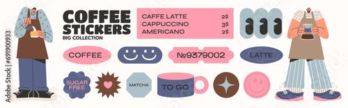 Coffee stickers and barista characters. Arabica coffee glass,espresso,cappuccino,coffee beans.Graphic paper minimalist retro icons.Coffee shop workers brewing coffee