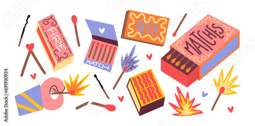 Set cartoon matches. Burning fire, matchboxes, match burns, flame, spark. Vector set of elements stickers