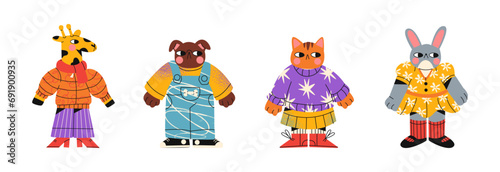 Cartoon animal characters wearing 90s retro style clothes. Cute pets hare, rabbit, giraffe, cat and dog. Hippie groovy mascot 