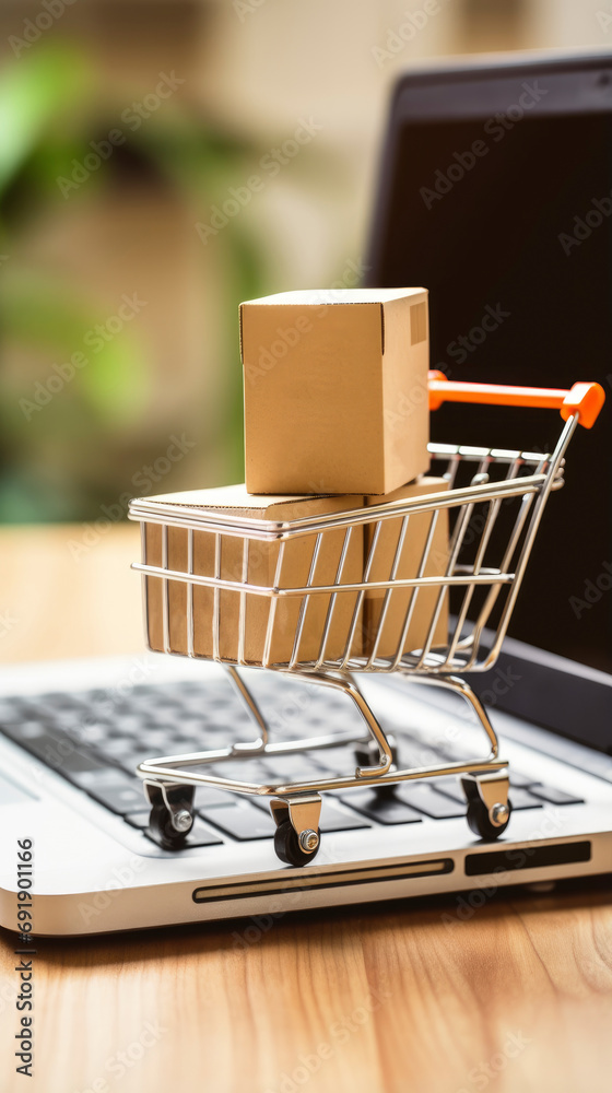 paper boxes parcel in a cart trolley on laptop in shopping online concept