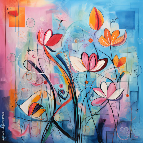 Seamless pattern of flowers with pink blue and orange background. Pink flowers background