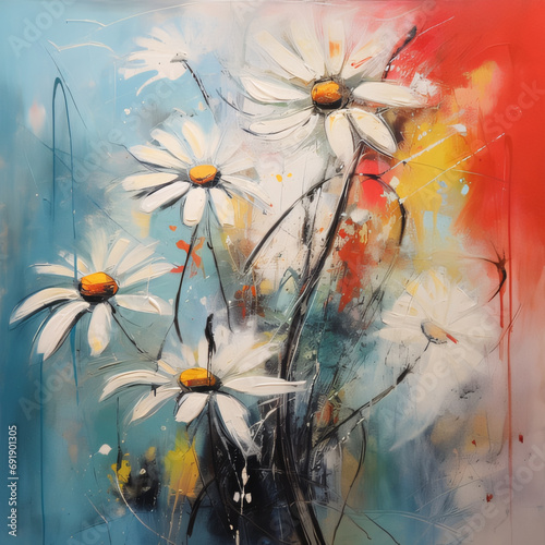 Original abstract acrylic painting of fresh flowers on canvas.Modern Impressionism, modernism,marinism