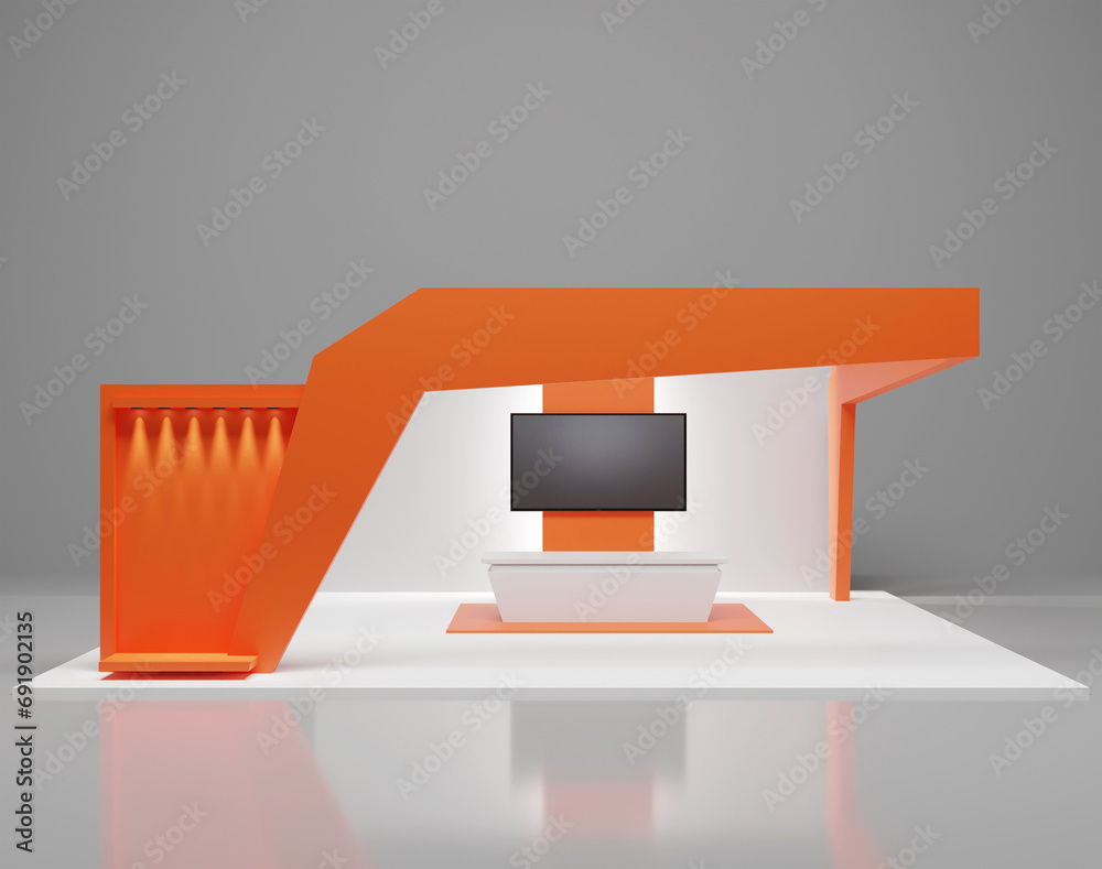 Modern design store booth. Exhibition stand for mockup and corporate identity, Display design. Empty stall Design. Retail booth elements in Exhibition Hall. booth Design trade show. 3d rendering - obrazy, fototapety, plakaty 