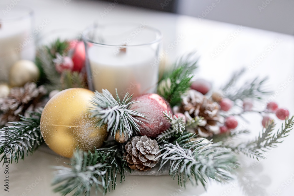 Christmas decoration. candle balls and pine cones. Home decor. Postcard. Photo Christmas decoration. candle balls and pine cones. Home decor. Postcard. Photo