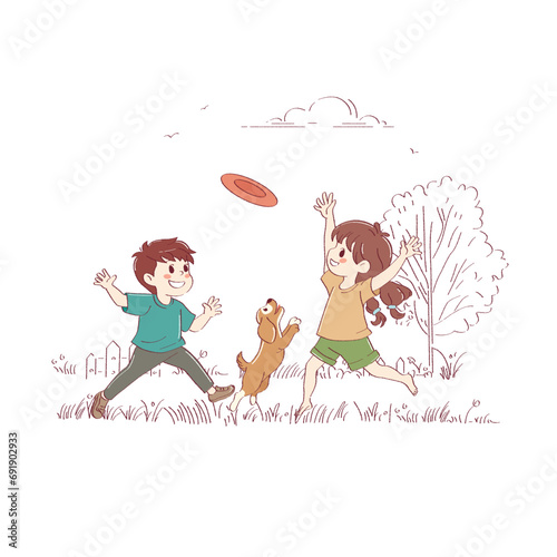 The kids are playing with the dog in the yard. Brother and sister having fun in nature with their pet. Vector illustration