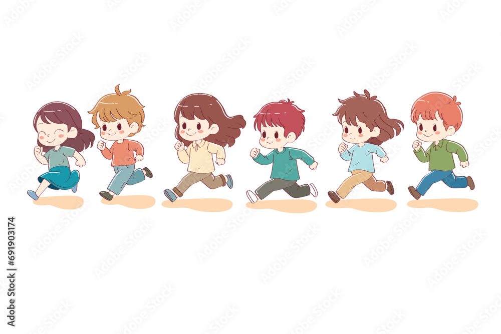 group of happy children running to the river to swim. vector illustration group of happy children running to the river to swim. vector illustration
