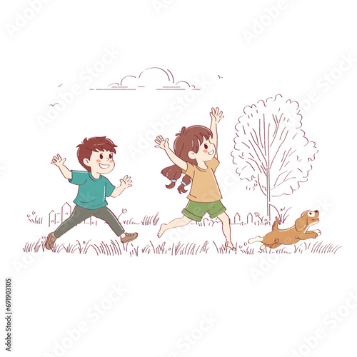 The kids are playing with the dog in the yard. Brother and sister having fun in nature with their pet. Vector illustration