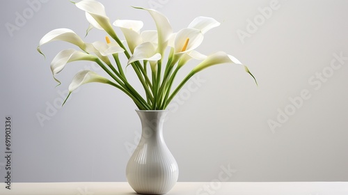 the elegant calla lilies standing tall on a clean white surface  their graceful curves and pristine white petals forming a sophisticated and refined floral arrangement.
