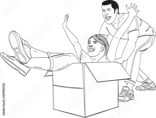 Sketch drawing of a young man pushing his girlfriend in a box, Happy multiracial couple enjoying themselves with cardboard boxes in their new house