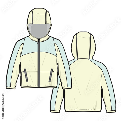 Rain coat front and back view flat sketch vector illustration template