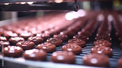 Chocolate factory's conveyor process close up. The chocolate factory.

