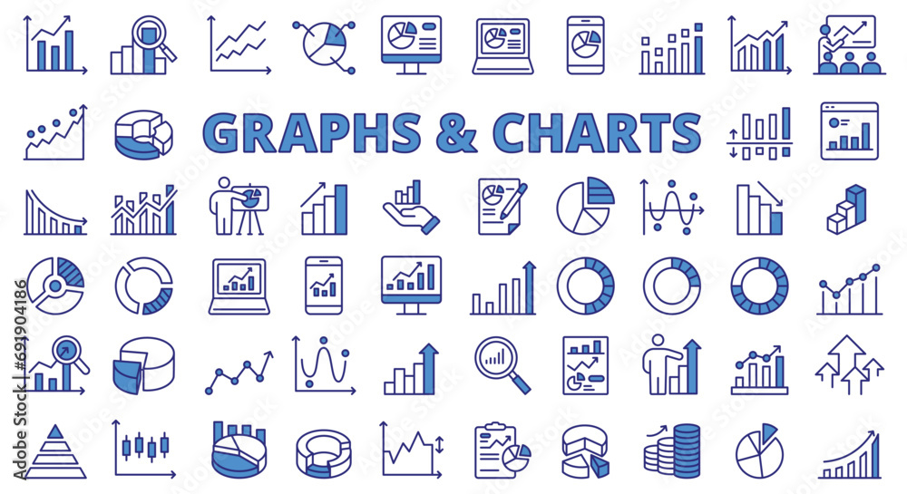 Graphs and charts icon line design blue. Business graph, chart, data, diagram, statistic, pie chart, data visualization vector illustrations. Graphs and charts editable stroke icons. - obrazy, fototapety, plakaty 