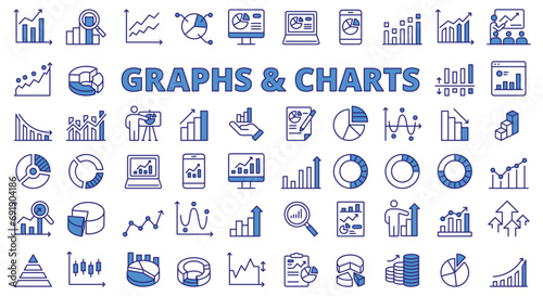 Graphs and charts icon line design blue. Business graph, chart, data, diagram, statistic, pie chart, data visualization vector illustrations. Graphs and charts editable stroke icons.