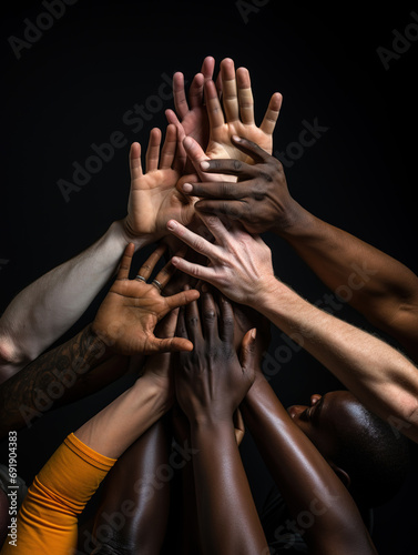Close up of hands of multiracial group of diverse people coming together, touching and giving high fives against black background.