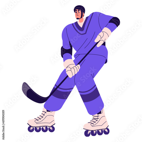 Sportsman skater in helmet play roller hockey. Quad player in uniform holds stick. Professional athlete skates, rollerblading. Summer sport game. Flat isolated vector illustration on white background