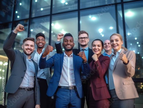 Cheerful diverse business people with raised hands, showing fists, celebrating business success in front of modern company building.