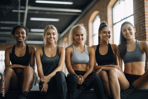 Group of smiling diverse sporty girls sitting together at gym.