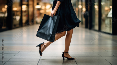 Blurred motion of woman walking and holding paper shopping bag in back view