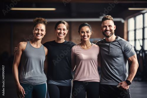 Smiling group of friends in sportswear laughing together while standing arm in arm in a gym after a workout. photo