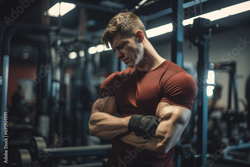 Young sporty man grabbing his arm and feeling painful during weight lifting training at gym. Sport accident, overtrain. photo