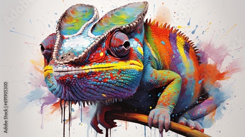  a stunning chameleon, its ability to change colors and unique appearance brought to life through vibrant brushstrokes on a clean white canvas,  photo