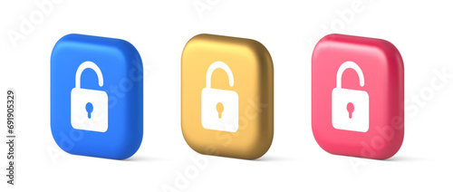 Open lock button cyberspace password security protection service 3d realistic icon
