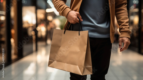 Mid section of a man holding shopping paperbag in the mall bokeh blur background