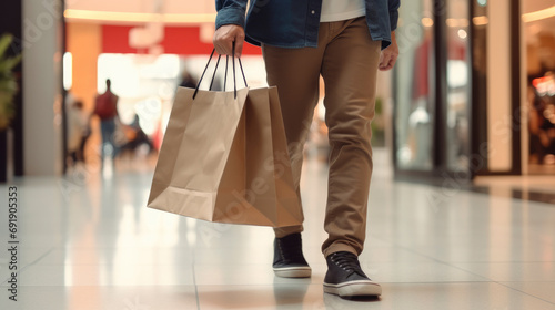 Mid section of a man walking and shopping paperbag in the mall bokeh blur background