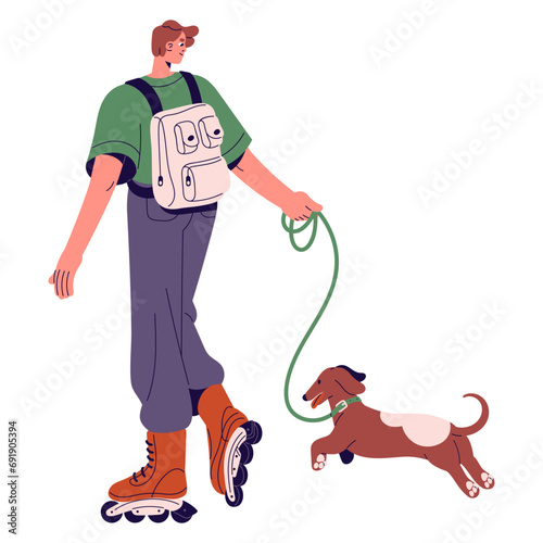 Happy people ride on roller skate, walks dog. Young man carrying backpack, rollerblading with dachshund on leash. Owner and pet on active leisure. Flat isolated vector illustration on white background