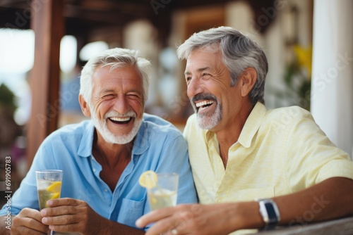 Elderly couple of friends enjoying conversation outdoors, chatting happily over drinks. Cheerful, active and loving senior comrade.