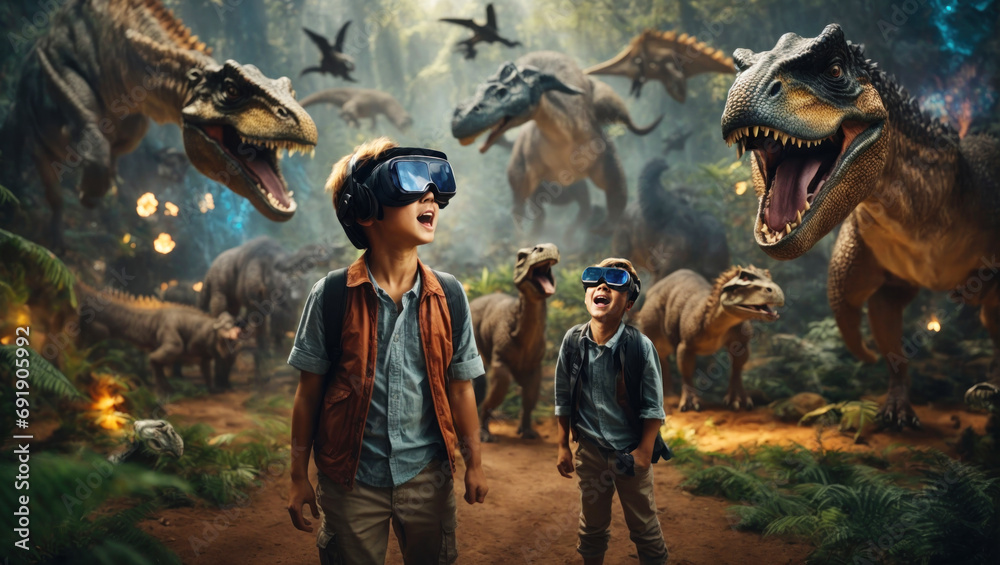 Surprised boys using the virtual reality headset in a prehistoric world around dinosaurs. Game technology concept.