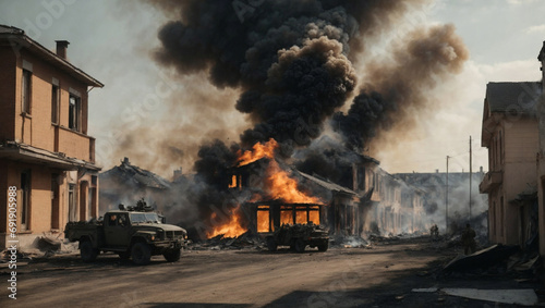 Burning ruins of destroyed houses in city from bombs or missile attacks. A typical modern armed conflict