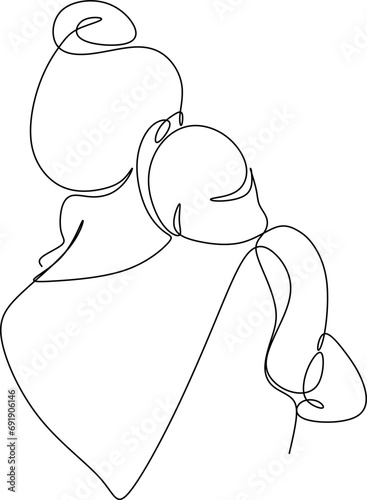 A continuous line of a mother with a baby, drawn in silhouette. A woman in the hospital with a newborn baby. 