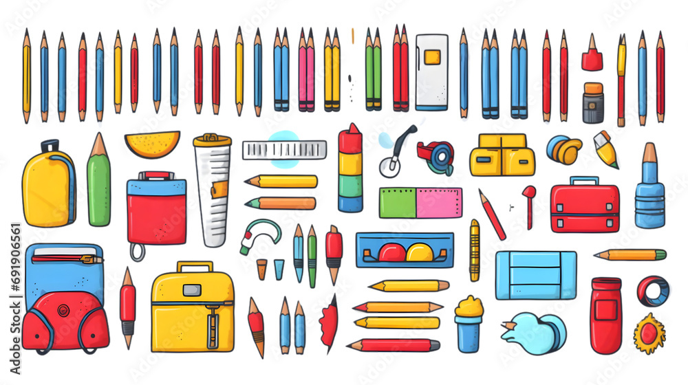  Color pencils collection with doodle pictures hand drawn. Vector clipart collection of school supplies realistic colorful set with sample crayon drawings Isolated on white background. Generative AI.