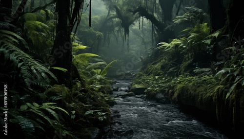 a stream runs through a lush jungle