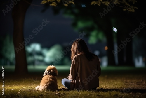 A young woman sits at night in the park with her dog and writes messages. View from the back