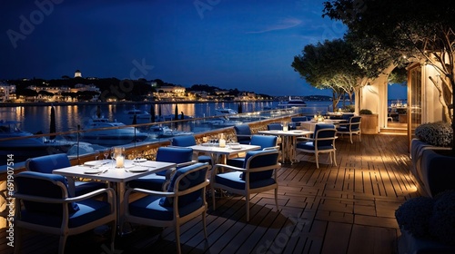 terrasse de restaurant gastronomique dans un port de plaisance au bord de l'eau le soir avant le début du service photo