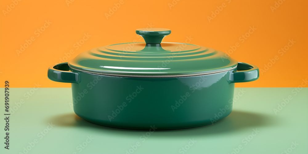 Cast Iron Dutch pot in greenish color on light blue surface and yellow ...
