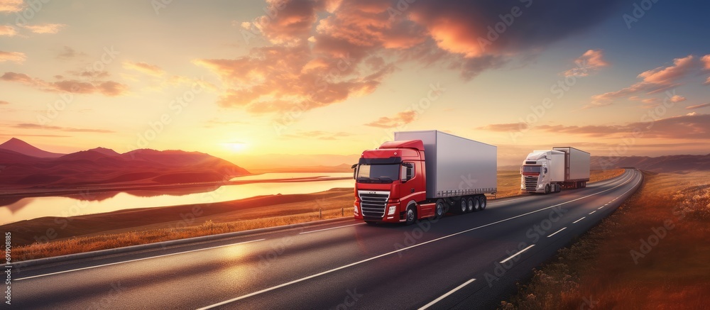 A big white truck and a red trailer with other vehicles on the countryside road in motion against a night sky with a sunset. Copy space image. Place for adding text