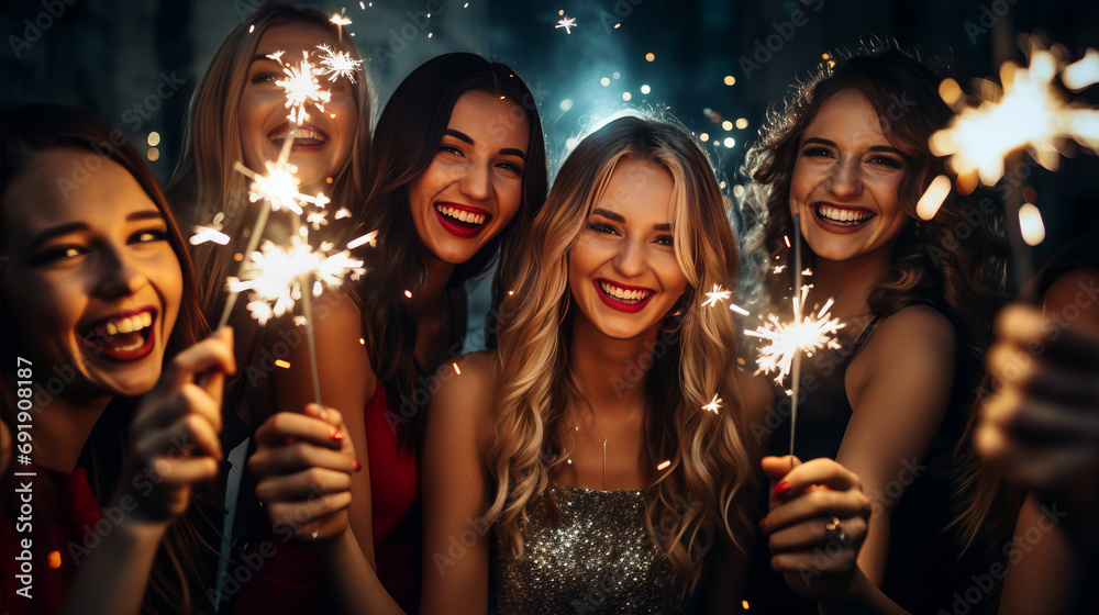 Group of happy people holding sparklers at Christmas or New year party and smiling.