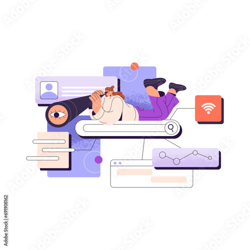 Online research concept. People explore internet using search engine, browser. HR browsing user profile for hiring. Girl watching in spyglass. Flat isolated vector illustration on white background