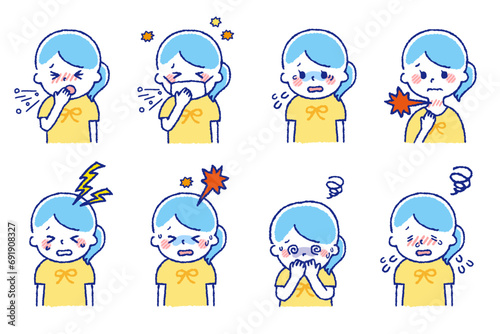 風邪をひいている子供たち。体調不良の症状が出ているセット素材。