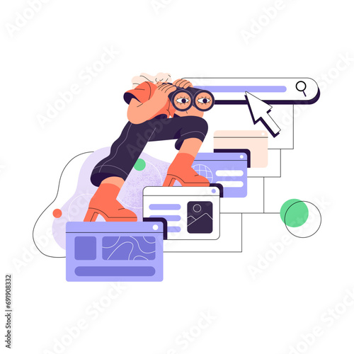 User explore online content in browser concept. People make search request, browsing web pages, scrolling, surfing internet. Girl watching in binocular. Flat isolated vector illustration on white