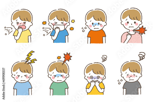 風邪をひいている子供たち。体調不良の症状が出ているセット素材。