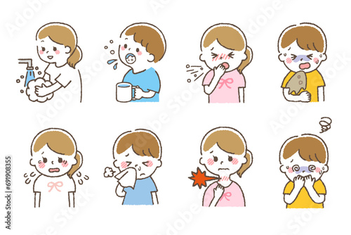 風邪をひいている子供たち。体調不良の症状が出ているセット素材。