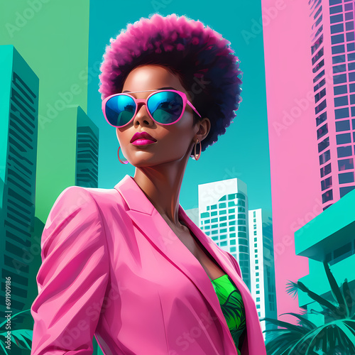 portrait of an afro woman in 80s style wearing a pink suit, with the background of vintage Miami city, synthwave style, vibrant color, miami wallpaper	