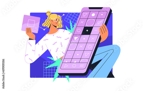 SMM, marketing business concept. Content manager edit, share information in online app. UI designer adds element in digital interface. Tiny girl holds smartphone. Flat isolated vector illustration