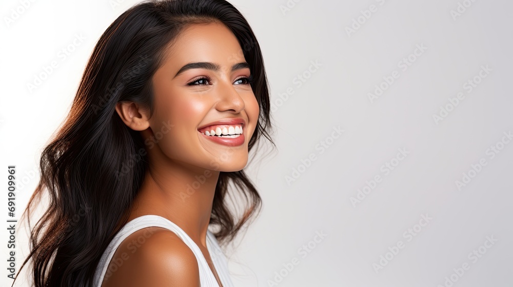Closeup portrait of a beautiful young asian indian model woman smiling with clean teeth. used for a dental ad. - obrazy, fototapety, plakaty 