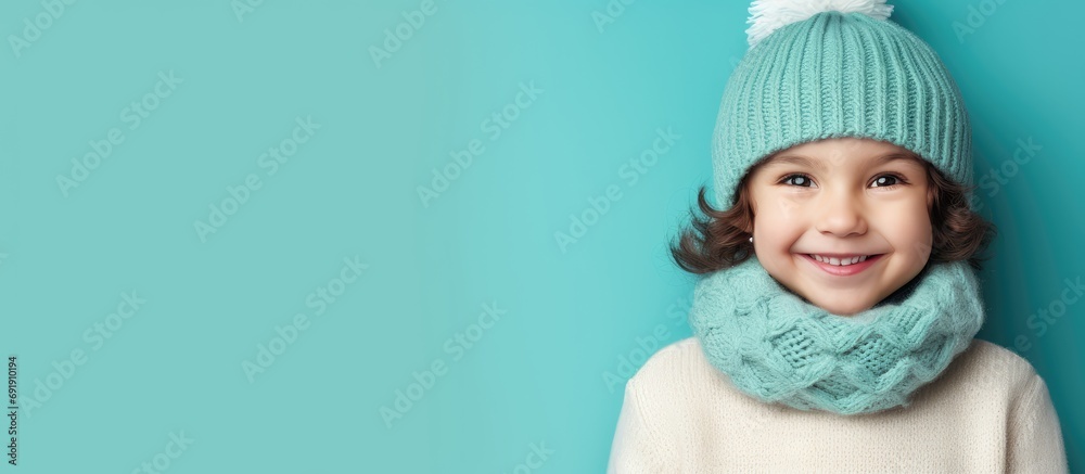 cheerful kid in ear muffs and scarf standing in winter outfit on turquoise backdrop cozy layers. Copy space image. Place for adding text cheerful kid in ear muffs and scarf standing in winter outfit on turquoise backdrop cozy layers. Copy space image. Place for adding text